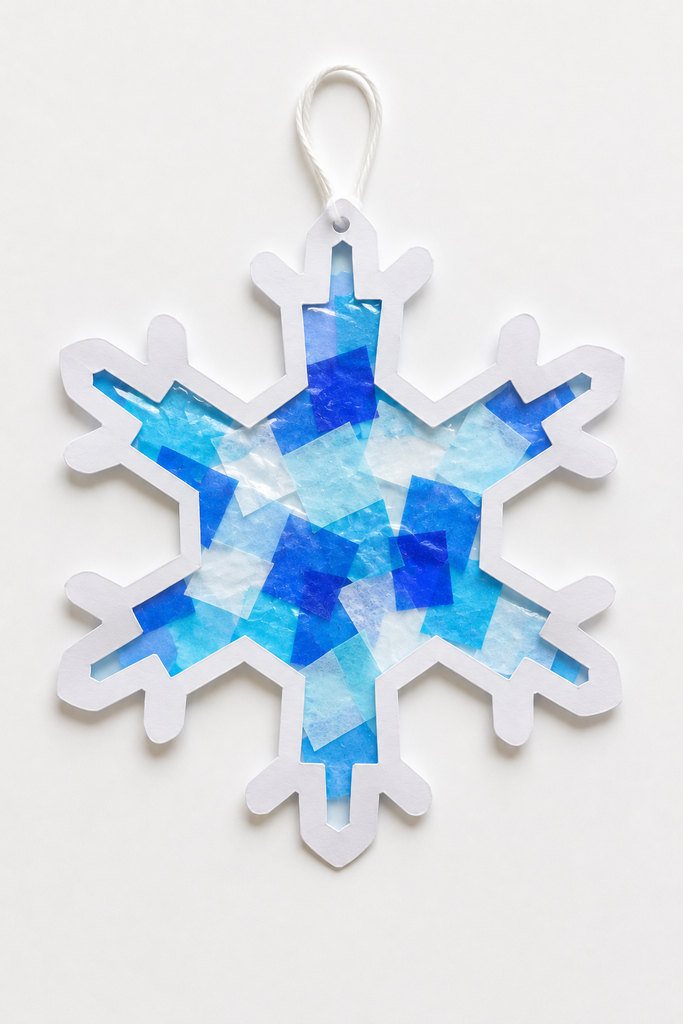 a tissue paper snowflake suncatcher with a white frame and blue and white tissue center