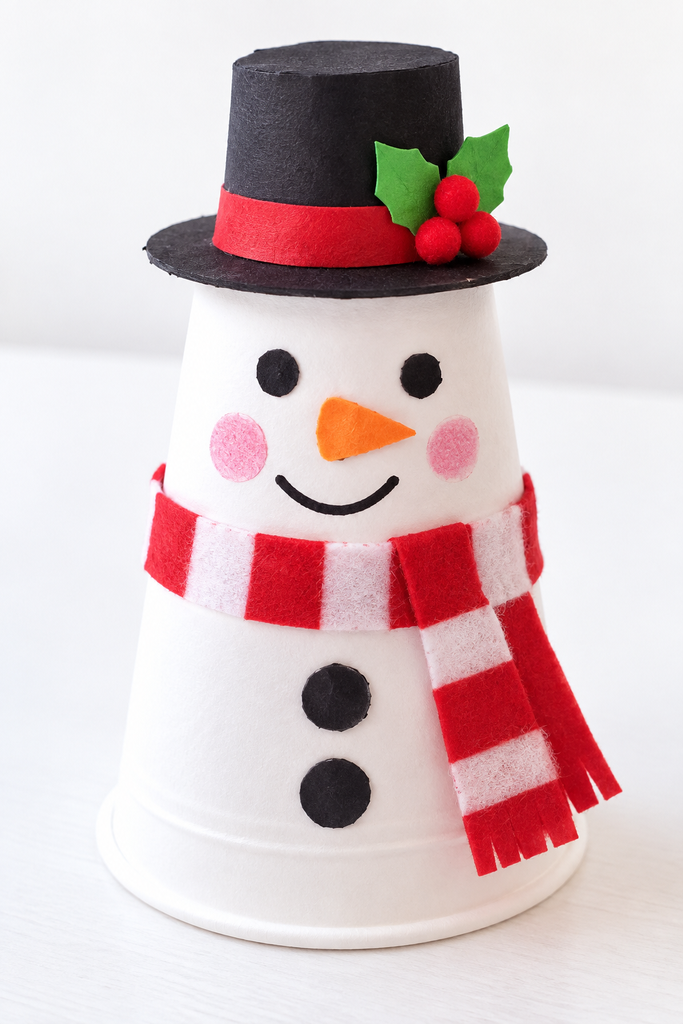 an upside-down white paper cup snowman with a black hat, dot eyes, an orange nose, pink cheeks, and a scarf on a white table