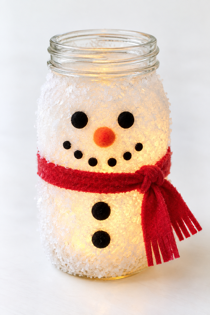 a frosty white snowman jar craft glowing from within with dot eyes, an orange nose, a dotted smile, and a fabric scarf on a white table