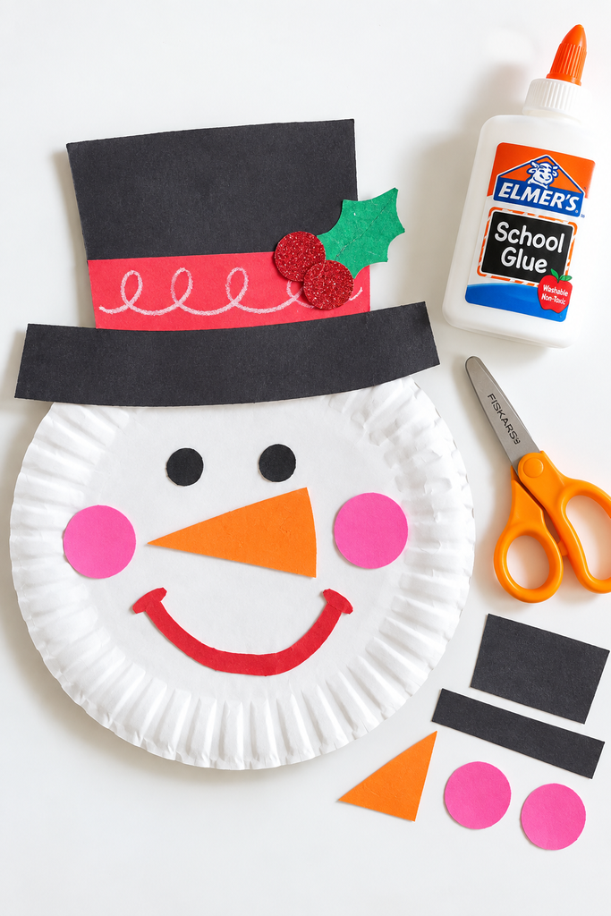 a paper plate snowman face with a black hat, dot eyes, an orange nose, and pink cheeks, with Elmer's glue and Fiskars scissors staged beside it on a white table