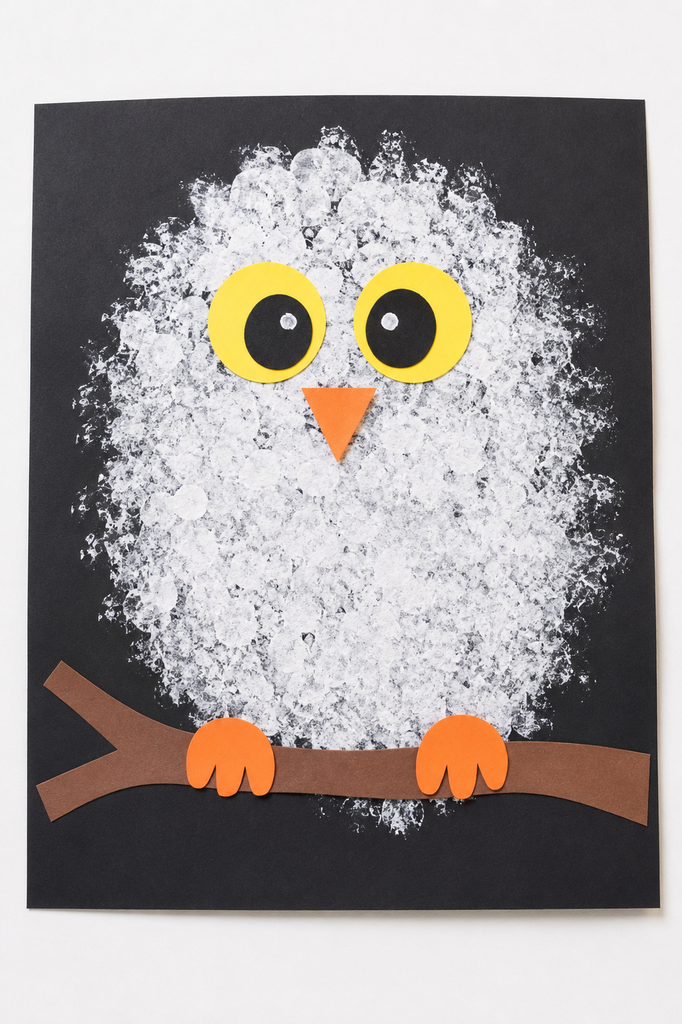 a sponge-painted white owl on black paper with big yellow and black eyes, an orange beak, and orange feet on a brown paper branch