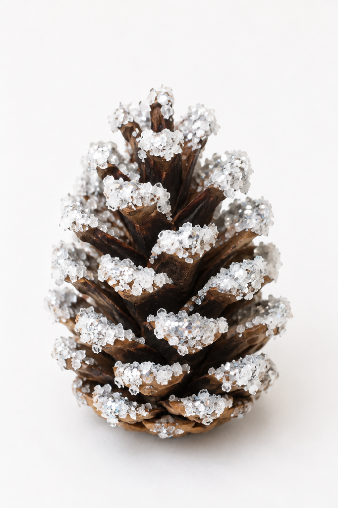 a brown pinecone with white frosted tips of salt snow and a light sprinkle of silver glitter