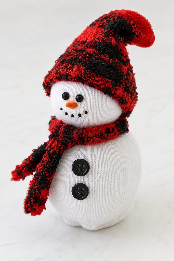 a white sock snowman craft with a plaid hat and scarf, bead eyes, an orange nose, and black buttons on a white table