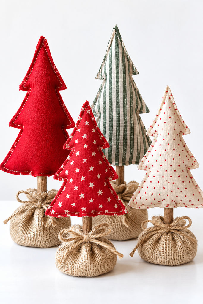 Stuffed fabric Christmas trees in red felt, stripe, and print fabrics standing on wooden dowels in burlap bases tied with twine