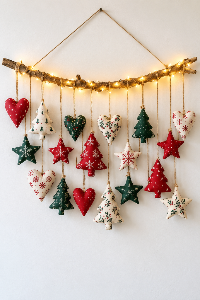 Branch wall hanging with stuffed red, green, and white fabric hearts, stars, and trees on jute twine with fairy lights