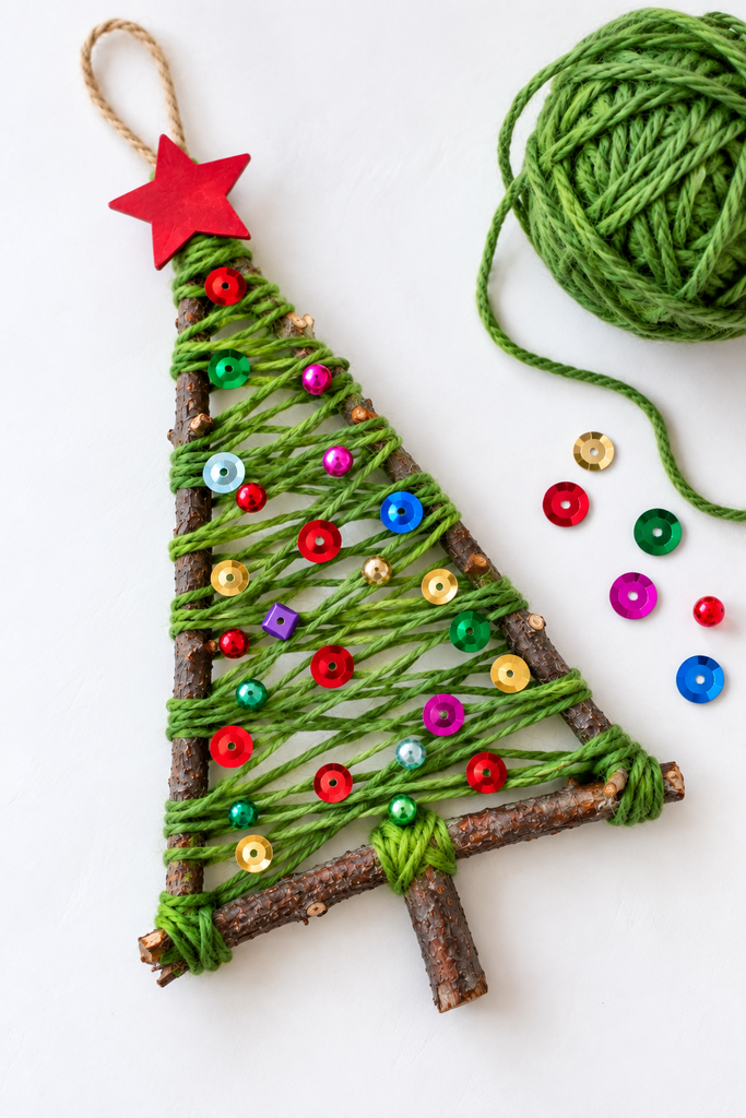 A twig triangle Christmas tree wrapped in green yarn with sequins and a red star beside a ball of green yarn.