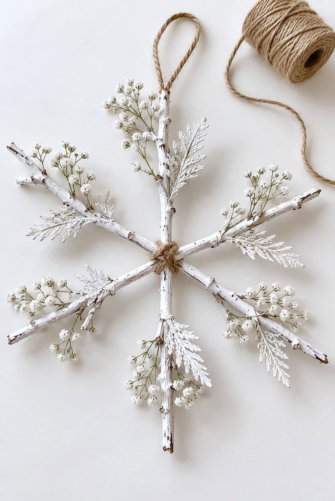A white-painted twig snowflake tied with twine and trimmed with dried fern and baby's breath on a white surface.