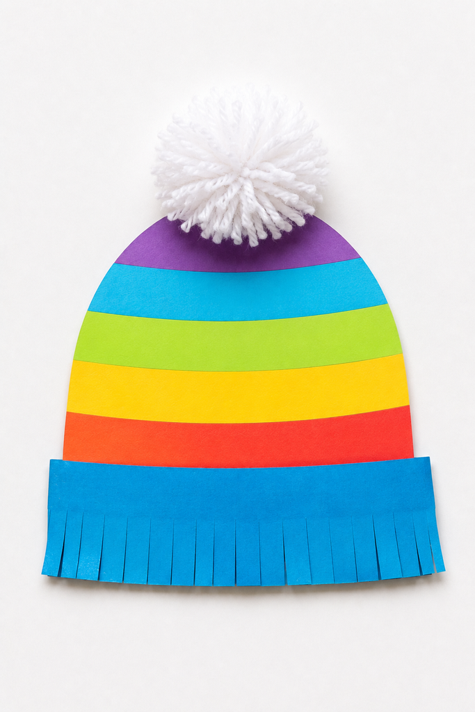 a paper winter beanie with a folded cuff, stripes, and a white pom-pom
