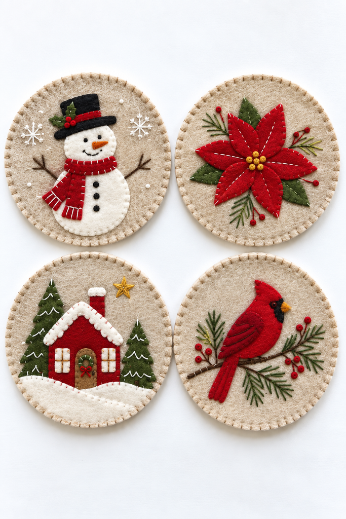 Four round oatmeal wool felt coasters with appliqué designs of a snowman, a red poinsettia, a snowy red house with pine trees, and a cardinal on a pine branch