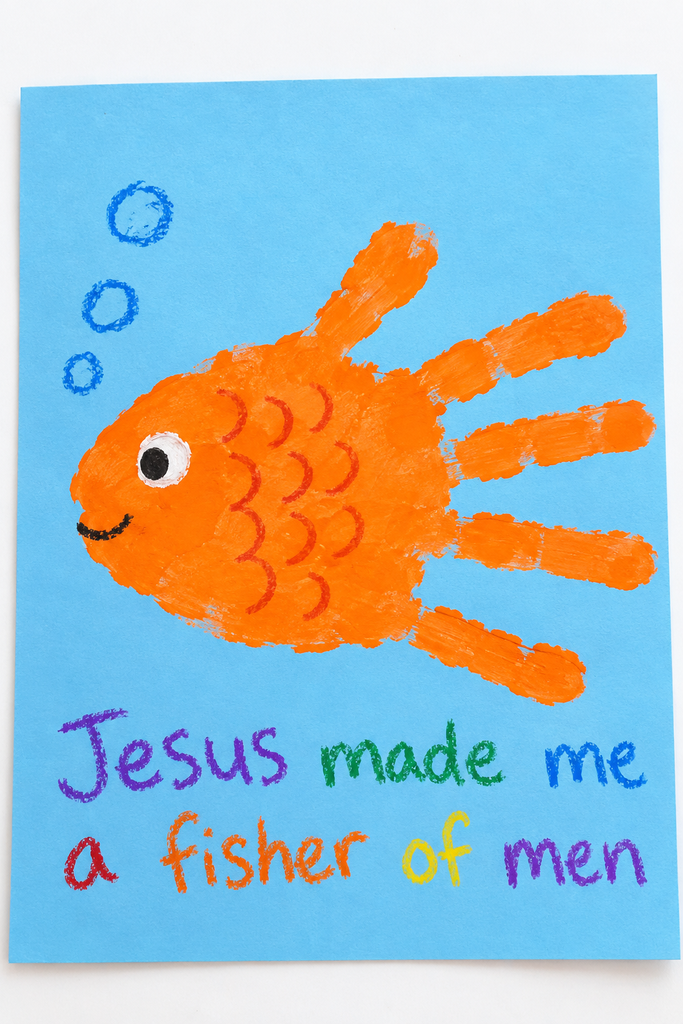 A child's orange handprint pressed sideways onto blue paper to make a fish, with a dot eye, crayon scales, and the words I can be a fisher of men written underneath.