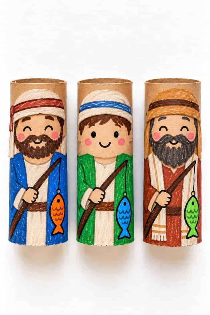 Three different toilet paper roll fishermen made from real cardboard tubes, each with a drawn face, a colored paper robe, and arms, a fishing rod, and a fish drawn right on the tube.