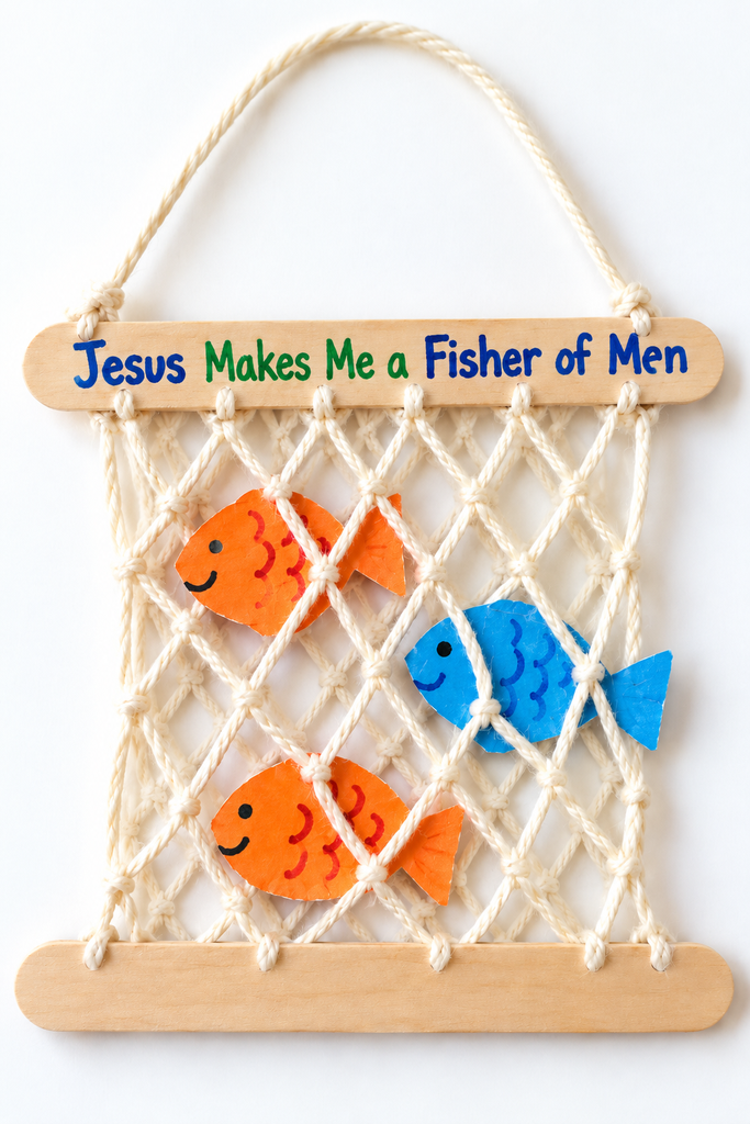 A handmade fishing net craft held by a yarn handle, with cream yarn crisscrossed between two wooden craft sticks, small orange and blue paper fish tucked in the net, and the words Jesus Makes Me a Fisher of Men on the top stick.
